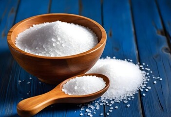 A wooden bowl filled with white salt on a blue wooden surface with a wooden spoon containing salt in front of it and some salt scattered around