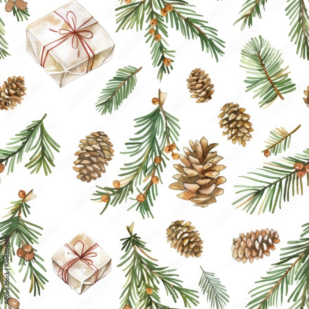 Poster a pattern of pine cones and pine branches. suitable for nature backgrounds