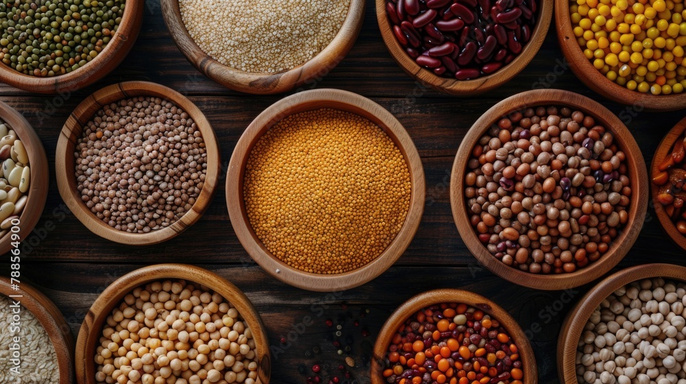 Poster a collection of different types of beans in rustic wooden bowls. perfect for food and cooking-relate