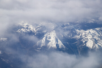aerial view of snow covered mountain peaks in the Alps