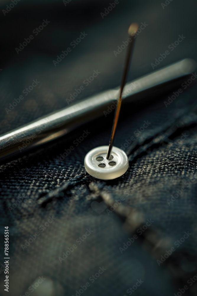 Poster A pair of scissors resting on a button, suitable for crafting projects
