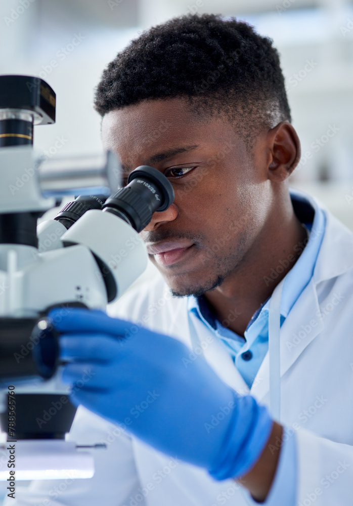 Poster African man, scientist and microscope in lab with analysis for test sample, experiment or dna pattern. Person, gloves and ppe for medical research at pharma company with thinking, gear and innovation
