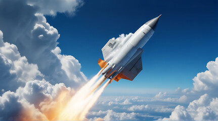 A combat rocket flying above the clouds in blue sky, Missile attack, air attack, war, missile strike. Hypersonic missile, fly