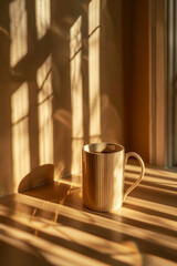 Golden Hour Serenity: Warm Sunlight Casting Shadows over Cozy Coffee Mug