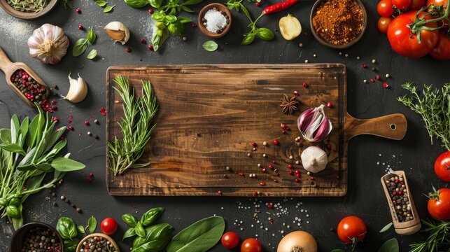 Warm, earth-toned cutting board surrounded by fresh herbs, spices, and vegetables, ready for a cooking session