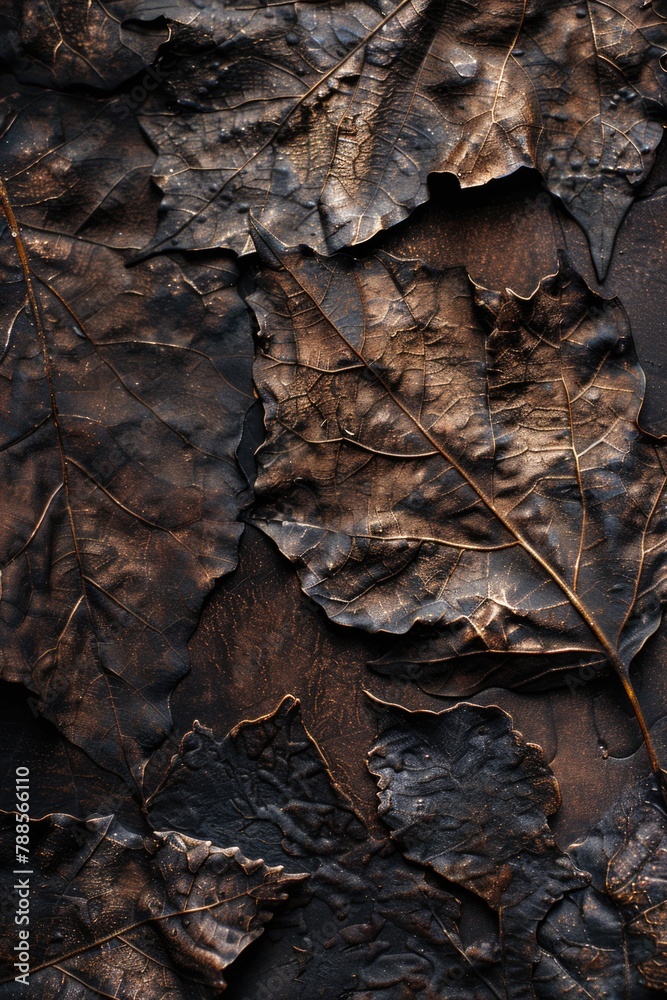 Poster a detailed view of a leaf resting on a rock, suitable for nature backgrounds