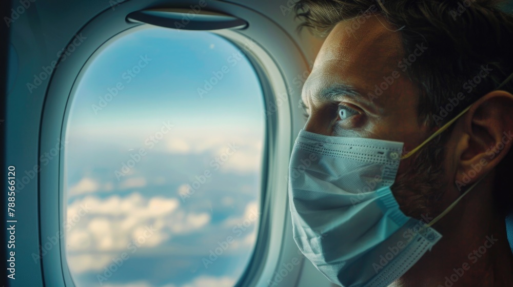 Poster man wearing face mask looking out an airplane window. suitable for travel and health concepts