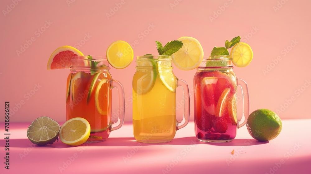 Poster three mason jars filled with different types of beverages. perfect for food and drink concepts