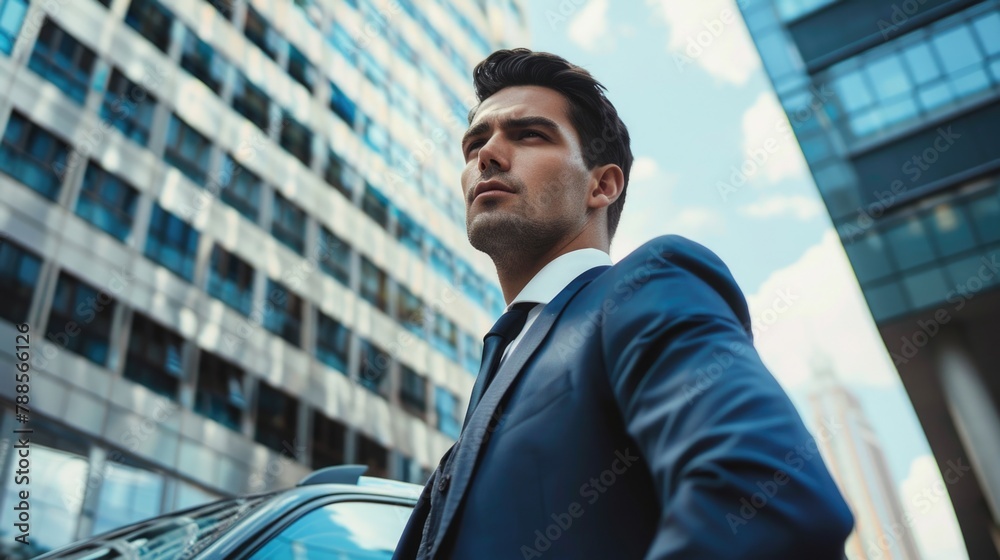 Poster a man in a suit standing in front of a car. suitable for business and transportation concepts