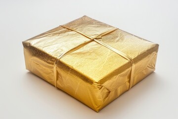 A shiny gold wrapped gift placed on a clean white table. Perfect for holiday or celebration concepts