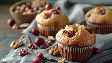 Delicious homemade muffins with cranberries and nuts, perfect for food blogs or bakery advertisements - obrazy, fototapety, plakaty
