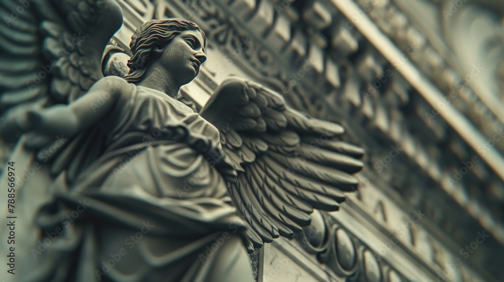 Poster a statue of an angel on the side of a building. suitable for architectural and religious themes