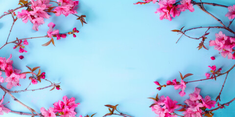 Spring Cherry Blossoms Frame on Pastel Blue Background