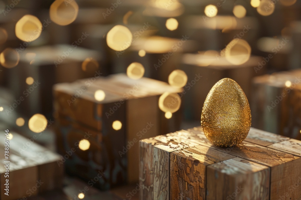 Poster a shiny golden egg resting on a wooden block. suitable for business and finance concepts