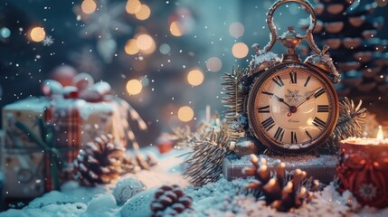 A clock sitting on a snow-covered table. Suitable for winter themes - obrazy, fototapety, plakaty