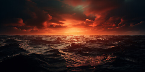 Ocean Storm. Dramatic fiery orange stormy cloudy sky reflecting on the troubled water surface. Panoramic wide angle view. Fantasy stormy sea. Cinematic stormy ocean with rays of light in the center.