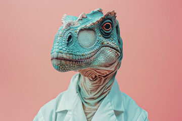Creative Dinosaur in Lab Coat Concept on Pink Background - obrazy, fototapety, plakaty