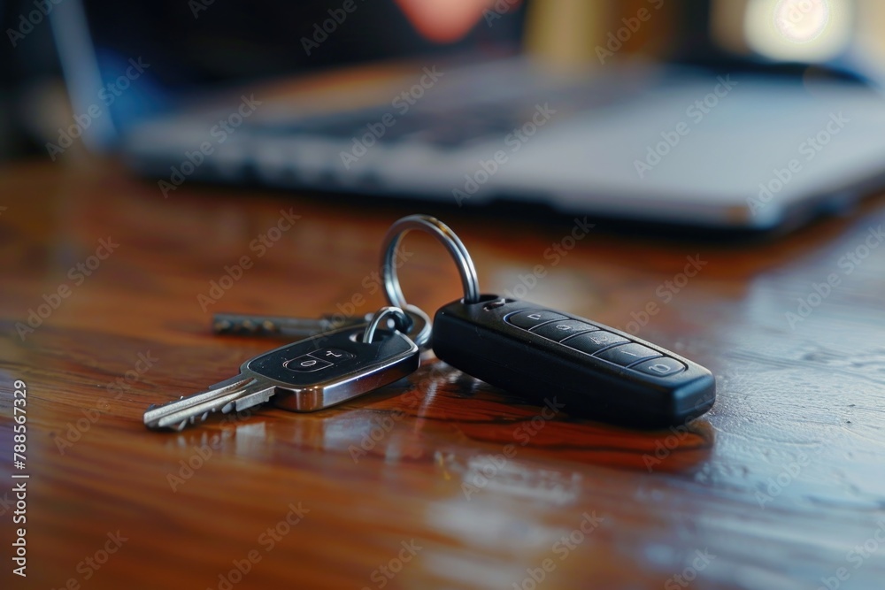 Poster a couple of keys sitting on top of a wooden table. can be used for home security concepts