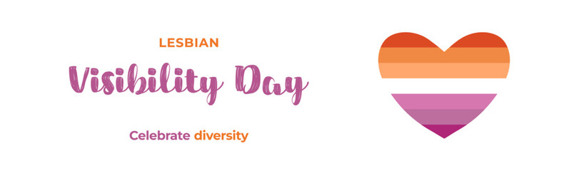 Lesbian Visibility Day 26th April, lesbian flag in a heart shape. Lesbian Visibility Week vector banner isolated on a white background.
