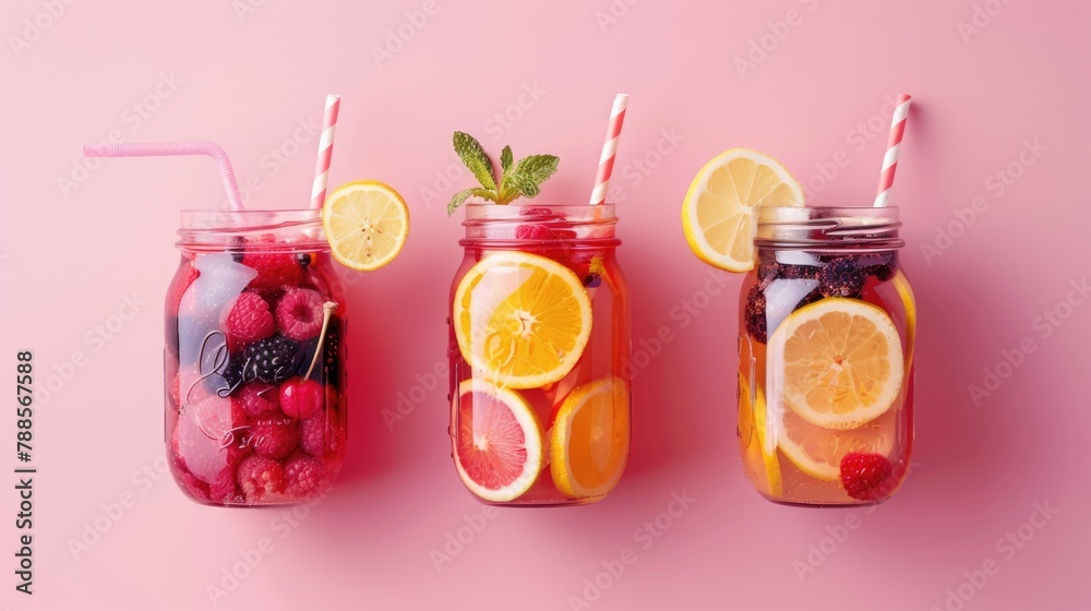 Poster three mason jars filled with different types of fruit. perfect for food and beverage concepts