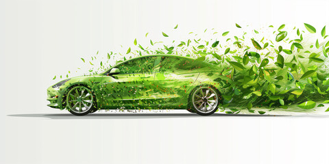 This dynamic image portrays a car made of leaves, illustrating the concept of green energy driving the economy forward. - obrazy, fototapety, plakaty