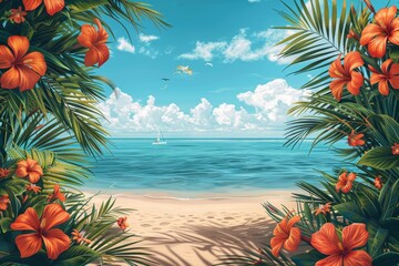 Fototapeta na wymiar Tropical coast, beach. Sea view. The day of summer. Illustration