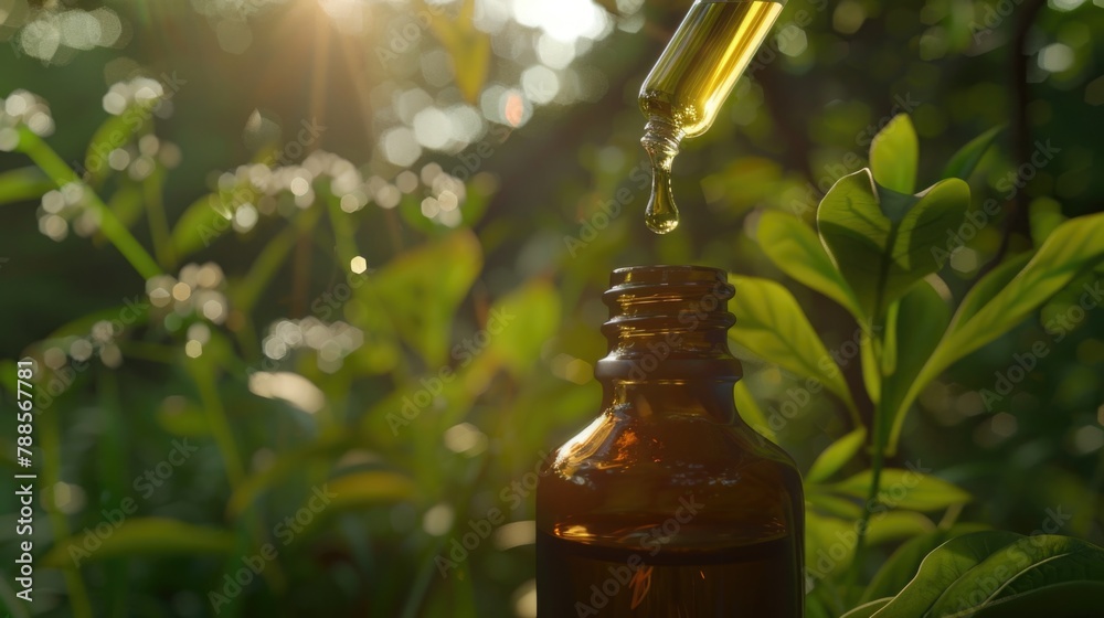 Poster A bottle filled with liquid placed on top of a tree. Ideal for nature and recycling concepts