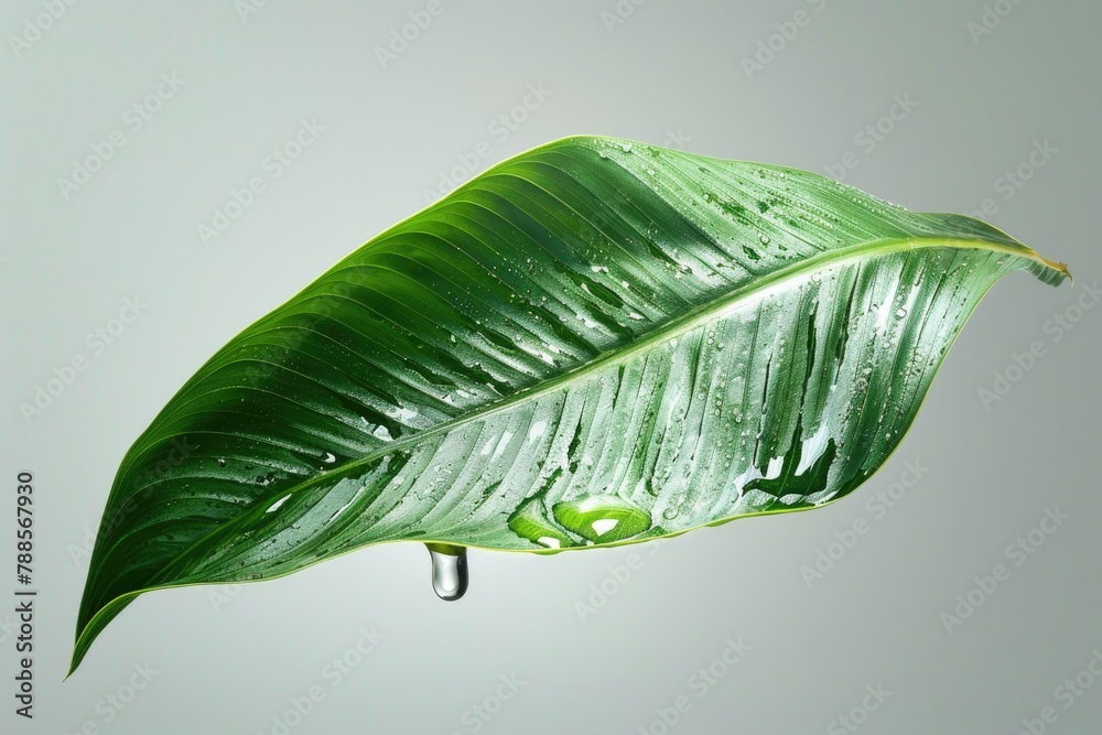 Poster close-up of a green leaf with a single water droplet. ideal for nature and environmental concepts