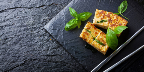 Grilled Cheese with Fresh Basil on Slate Background