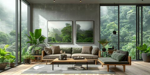  minimalist modern living room with a large wall art frame hanging above the sofa, showcasing an enchanting rainforest scene