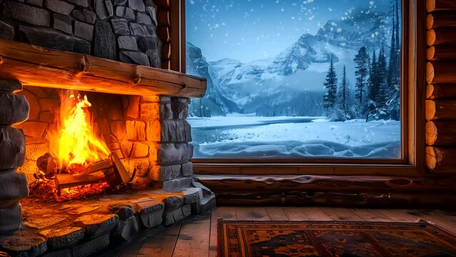 fireplace inside a log cabin during winter and snowfall from outside the window. seamless looping 4k video background