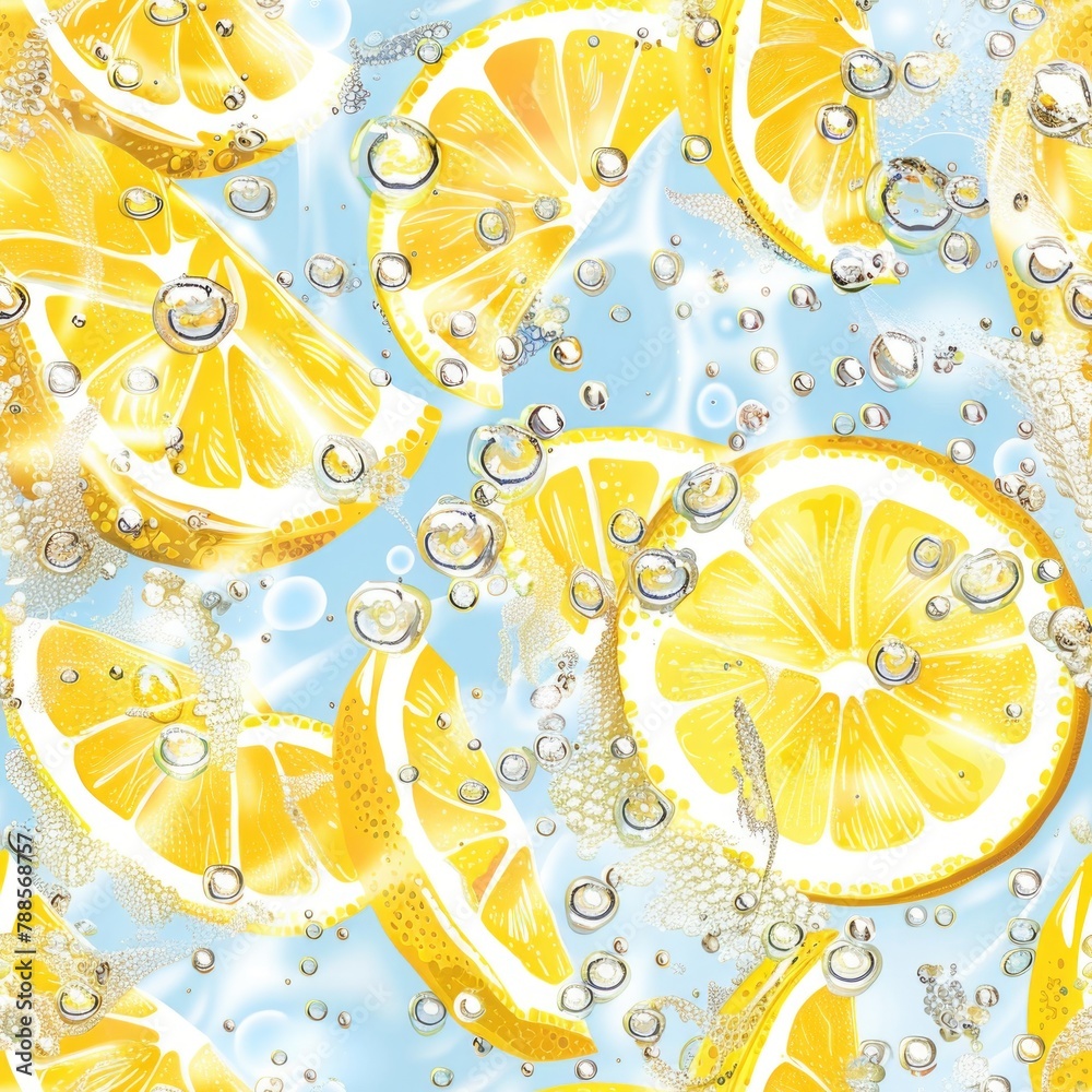 Poster fresh lemon slices with bubbles, ideal for food and beverage concepts