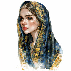 Watercolor Morocco woman wearing a blue and gold scarf with gold beads on her head