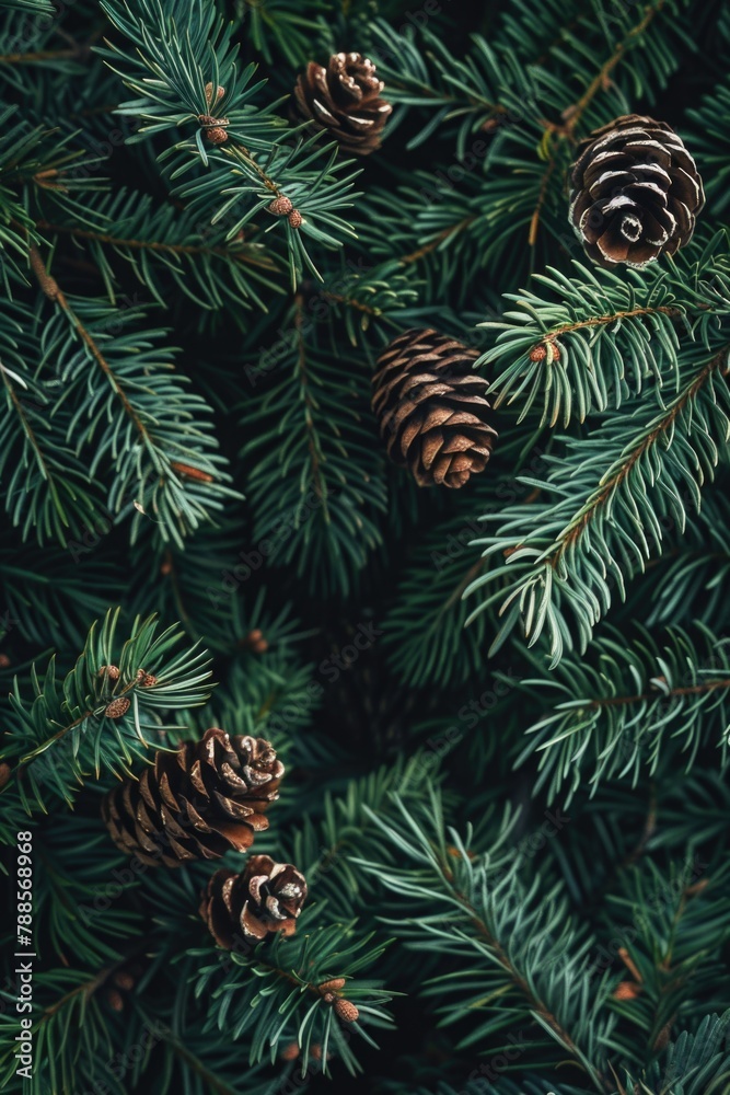 Poster close up of pine cones on a tree, perfect for nature backgrounds