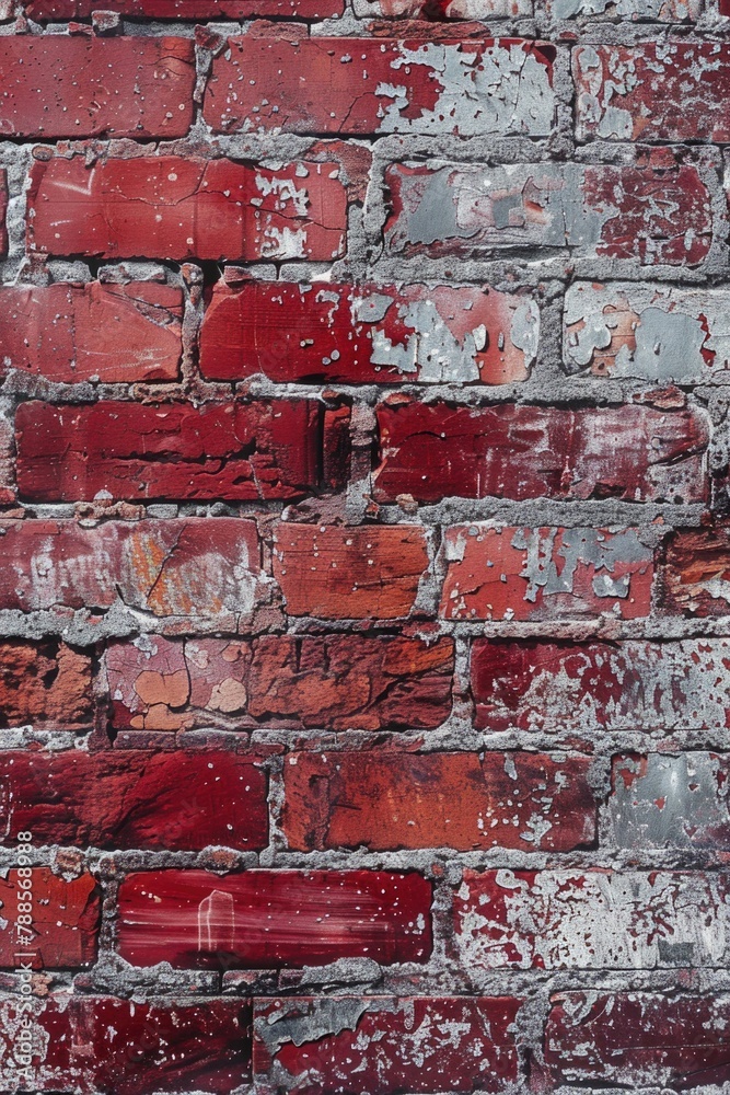 Poster a weathered red brick wall with peeling paint. perfect for background or texture use