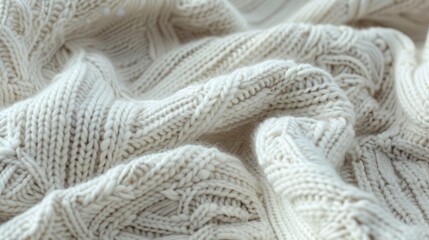 A detailed view of a white knitted blanket. Perfect for cozy home decor