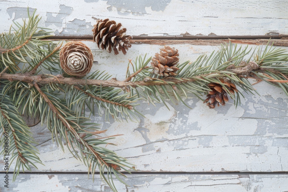 Poster a close-up view of a pine tree branch with pine cones, suitable for nature or christmas themed desig
