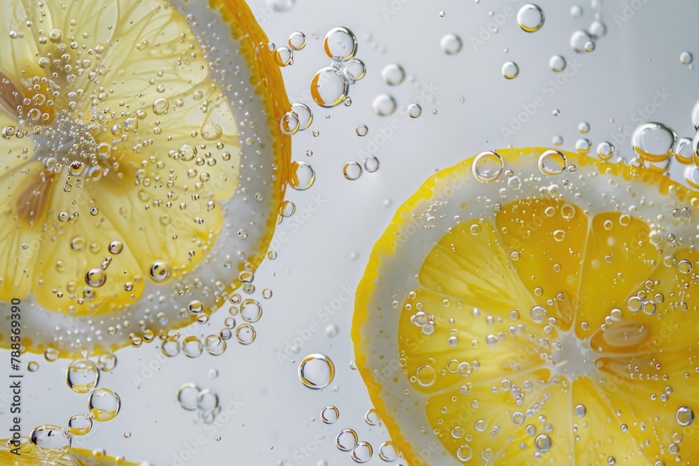 Poster fresh lemon slices floating in clear water. ideal for food and beverage concepts