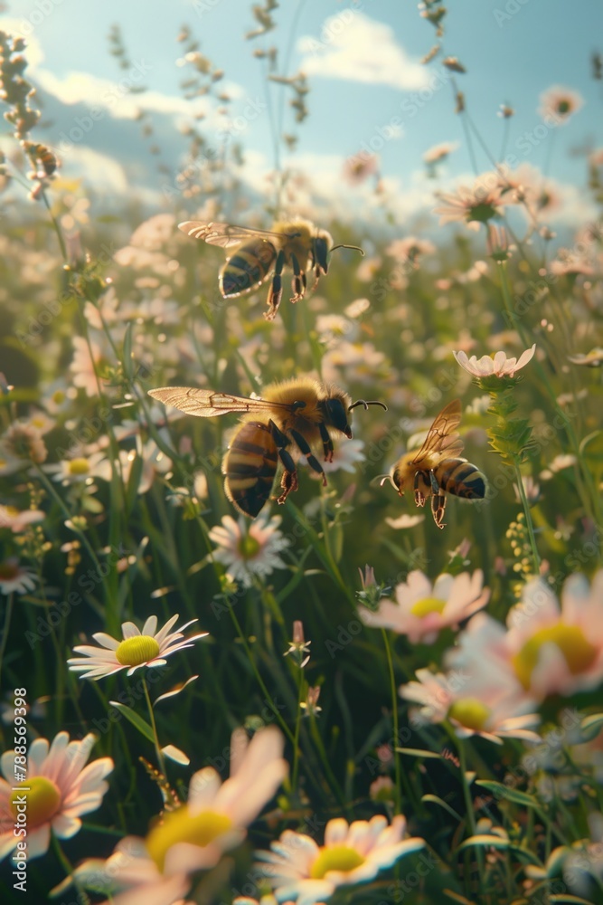 Poster A beautiful scene of bees flying over a colorful field of flowers. Ideal for nature and wildlife concepts