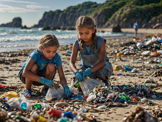 Children bend down to pick up plastic on the polluted beach.