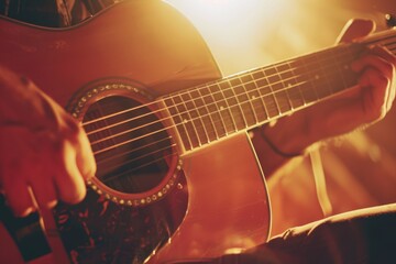 Close up of a person playing a guitar, suitable for music industry promotion