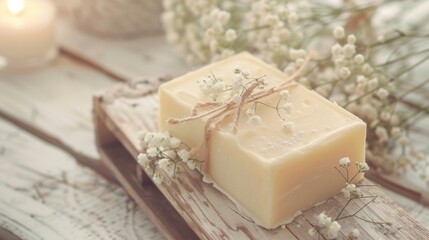 A soap bar placed on a wooden surface. Perfect for hygiene and cleanliness concepts