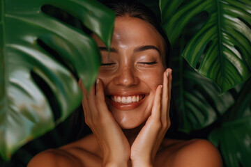 A woman with her hands on the sides of her face smiling, touching monstera leaves to her skin, on a dark green background, a commercial shoot for a skincare brand - obrazy, fototapety, plakaty