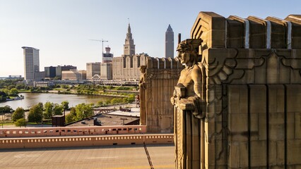 Downtown Cleveland skyline with monuments in the foreground
