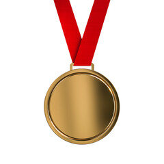 Blank bronze medal with red ribbon isolated on white