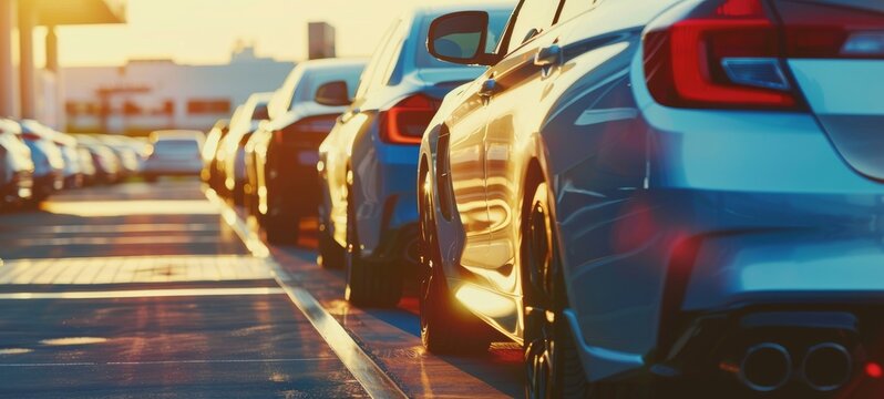 Several New Cars Lined Up In The Parking Lot Outside. Car For Sale And Rental Service