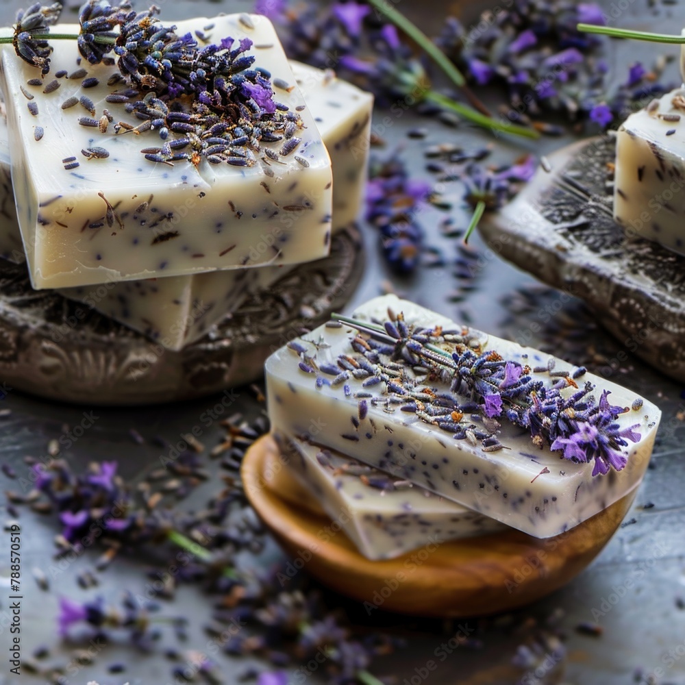 Poster a collection of soap bars on a wooden table. ideal for hygiene and wellness concepts