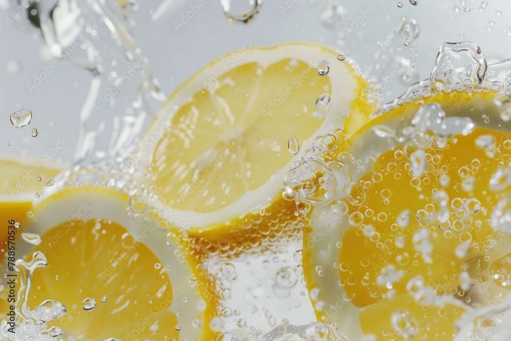 Poster fresh lemon slices floating in water, perfect for refreshing summer concepts