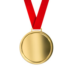 Blank gold medal with red ribbon isolated