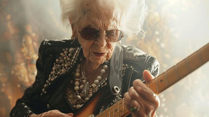 Elderly woman rocking electric guitar, dynamic performance - obrazy, fototapety, plakaty